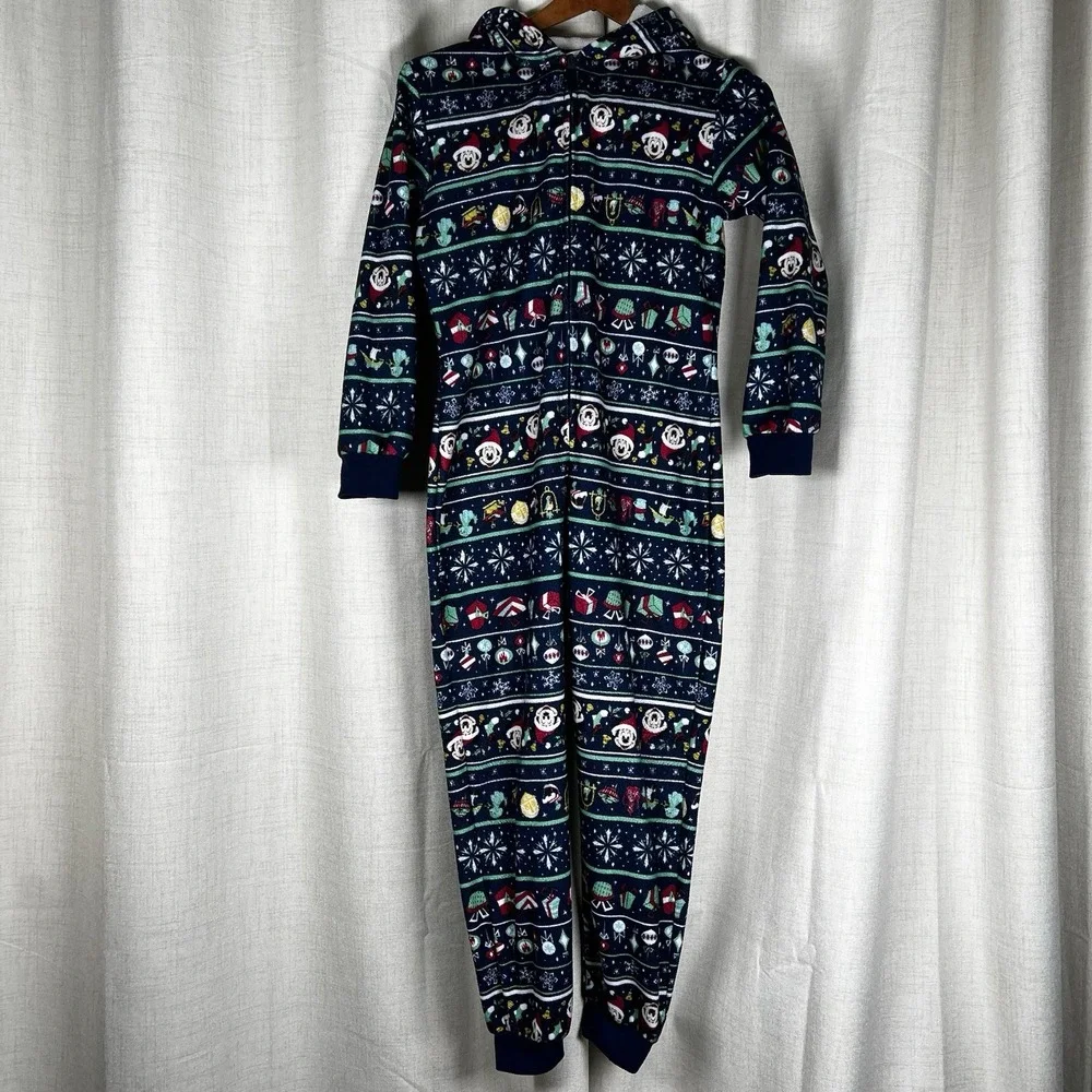Disney‎ Parks Mickey Mouse Christmas One Piece Zip Pajamas Hood Ears Youth Large